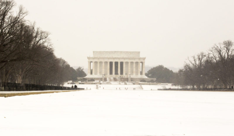 Showing the snowcovered Lincoln Memorial in Washington, DC.